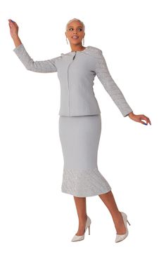 Liorah Knit 7304 silver knit skirt suit Cocktail Suit, Knit Suits, Silver Jacket, Church Fashion, Church Suits, Chic Skirts, Mermaid Skirt, Embellished Top, Mid Length Skirts