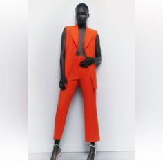 Zara Mini Flared Pants Beautiful Elegant Orange Pants For Workwear, Summer High-waisted Pantsuit For Office, Bold High-waisted Summer Pants, Spring Orange Fitted Pantsuit, Fitted Orange Pantsuit For Spring, Elegant Orange Pants For Fall, Elegant Orange Straight Pants, Elegant Orange Fall Pants, Bold High-waisted Pants For Spring