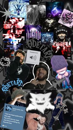 a collage of various images and text on a black background