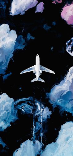 an airplane is flying in the sky with clouds and water around it on a black background