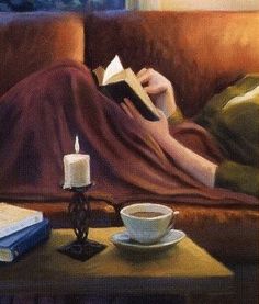 a painting of a woman laying on a couch with a book and coffee cup in front of her