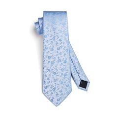 a light blue tie with white flowers on it and a black square in the middle