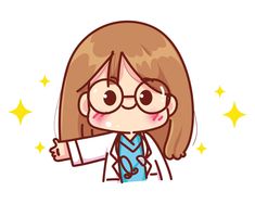 a cartoon girl with glasses and a lab coat pointing to the side while wearing a stethoscope