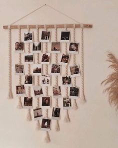 a white wall hanging with pictures on it and some feathers in the corner next to it