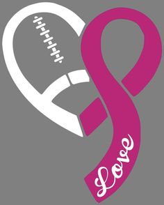 a pink ribbon with the word love and a football on it is in front of a gray background