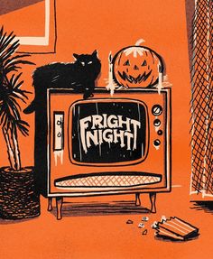 a black cat sitting on top of an old tv with the words halloween written on it