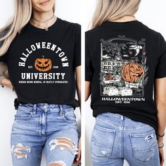 Halloweentown Est 1998 Back and Front, Retro Halloween Town Crewneck T-shirt, Halloweentown University Halloween Fall T-shirt, Fall T-shirt We have designed fun, enjoyable and stylish t-shirts to make you happy with small details on Halloween. Don't forget to check out our other t-shirts 😊 ❀DETAIL❀ For printing, we use Bella Canvas and Gildan SoftStyle brand shirts, which are the best in the industry. *Bella Canvas -unisex size -4.2 oz. -Solid colors are 100% Combed Cotton and Ring-Spun Cotton. Horror Themed Short Sleeve T-shirt For Fall, Horror Style Short Sleeve T-shirt For Fall, Halloween Horror Fan Merchandise T-shirt, Halloween Fan Merchandise T-shirt With Letter Print, Fall Graphic Tee For Fan Merchandise, Spooky Fall T-shirt Pre-shrunk, Spooky Halloween Fan Merchandise T-shirt, Halloween Fan Merchandise T-shirt With Screen Print, Fan Merchandise T-shirt For Fall