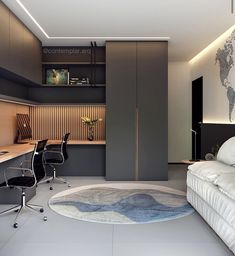 a bedroom with a bed, desk and chair next to a map on the wall