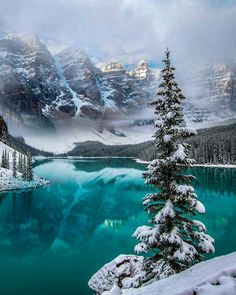 a lake surrounded by snow covered mountains and evergreen trees in the foreground, with blue water below