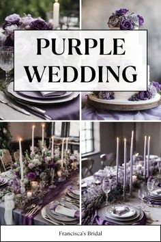 purple wedding tables with candles, flowers and plates in the middle are featured on this page