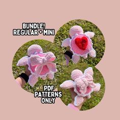 three pictures of pink crocheted sheeps with hearts on their backs and the words, bundle regular mini