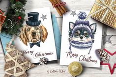 two christmas cards with dogs wearing hats and scarfs on them, next to presents