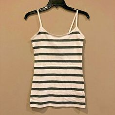 Spaghetti Strap Cami Camisole Top - Medium Grey And White Striped Basic Tank. Casual Tops With Built-in Bra And Spaghetti Straps, Casual Spaghetti Strap Tank Top, Fitted Casual Camisole With Straps, Striped Fitted Tops With Tank Straps, Fitted Striped Tops With Tank Straps, Striped Sleeveless Top With Adjustable Straps, Casual Camisole Tank Top With Straps, Casual Cami Top With Straps, Casual Camisole Tops With Straps