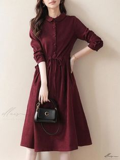 Elluis - Elegant Retro Shirt Dress with Floor-Length Hem Basic Skirt, Skirt Skirt, Retro Shirts, Basic Outfits, Shirt Collar, Wine Red, A Line Skirt, A Line Skirts, Floor Length