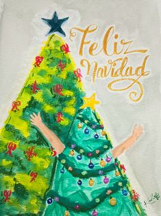 a painting of a woman standing next to a christmas tree with the words feliz nabilad written on it