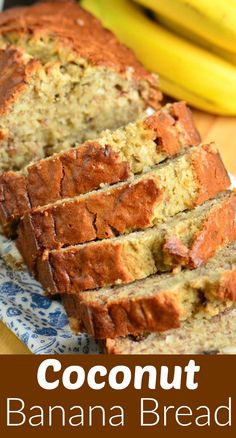 sliced loaf of banana bread sitting on top of a blue and white napkin next to bananas