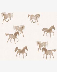 four horses running in the same direction on a white wallpapered room with neutral colors