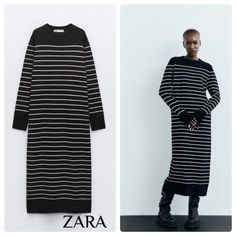 Round Neck Long Sleeve Dress. Striped Striped Knit Dress, Zara Woman Dress, Party Dresses For Women, Zara Black, Striped Knit, Zara Dresses, Zara Women, Knit Dress, Sleeve Dress