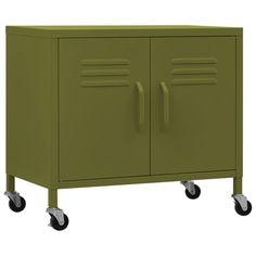 a green cabinet with two doors on wheels