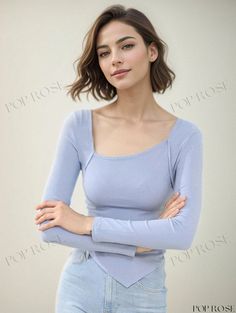 Poprose - Elegant Undershirt with Long Sleeves and Solid Color Pastel Long Sleeve Cotton Tops, Light Blue Tops For Loungewear In Fall, Light Blue Tops For Fall Loungewear, Pastel Long Sleeve Tops For Spring, Light Blue Long Sleeve Stretch Top, Light Blue Loungewear Tops For Fall, Light Blue Fitted Top For Loungewear, Light Blue Fitted Tops For Fall, Light Blue Stretch Long Sleeve Tops