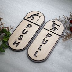 two wooden signs sitting on top of snow covered ground next to plants and berries in the background