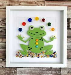 a green frog sitting in front of a white frame with buttons on it's eyes