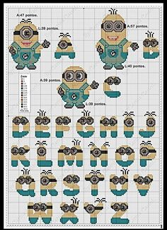 a cross stitch pattern with minion and other items in blue, yellow and green