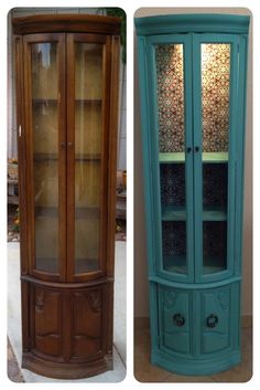 an old china cabinet is painted teal and has been turned into a curio cabinet