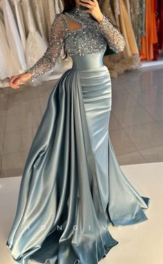 L2612 - Modern Satin Fitted High Neck Long Sleeves Ruched Sequined Wit Blouse Soiree Outfit, Classy Evening Dress, Soiree Outfit, Fairy Prom Dress, Sequins Gown, Blouse Tops Designs, Soiree Dresses, Gowns Elegant, Gowns Dresses Elegant