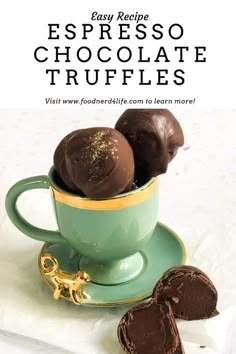 chocolate truffles in a tea cup on a saucer