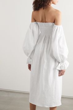 White + NET SUSTAIN Atlanta off-the-shoulder shirred linen midi dress | SLEEPER | NET-A-PORTER Evening Off-shoulder Dresses With Elastic Shoulders, Off-shoulder Dress With Gathered Sleeves, Off-shoulder Formal Dress With Gathered Sleeves, Chic Off-shoulder Dress With Gathered Sleeves, Formal Off-shoulder Dress With Gathered Sleeves, Chic Off-shoulder Dresses With Elastic Shoulders, Brunch Dress With Straight Neckline And Gathered Sleeves, Brunch Off-shoulder Dress With Elastic Shoulders, Elegant Off-shoulder Dress With Gathered Sleeves