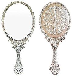 two mirrors are shown side by side, one has an ornate design on the mirror