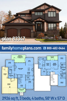 two story house plan with 3 beds, 4 baths, and 5 bathrooms