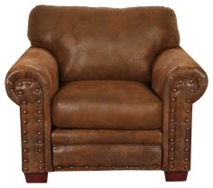 a brown leather chair with studded arms