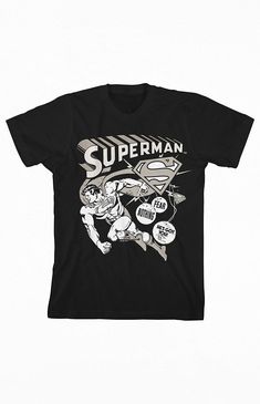 Look! Up in the sky... The Kids Superman Comic Art T-Shirt showcases a center graphic of Superman running through word bubbles in comic-book-style artwork. This comfy shirt also features high-quality cotton, short sleeves, and a crew neckline. The Superman Comic Art T-Shirt is an officially-licensed product and is a great gift for DC Comic lovers!Solid color teeCrew necklineShort sleevesFront graphicMachine washable PacSun Kids Superman Comic Art T-Shirt - Black size Small Dc Shirts Dc Comics, Superman Comic Art, Look Up In The Sky, Word Bubbles, Superman Kids, Superman Shirt, Costume Clothes, Superman T Shirt, Superman Comic