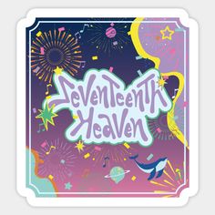 an image of the word seventh heaven surrounded by fireworks and confetti in purple