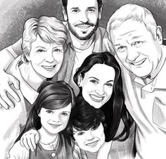 a black and white drawing of a family posing for a photo with their child in the middle