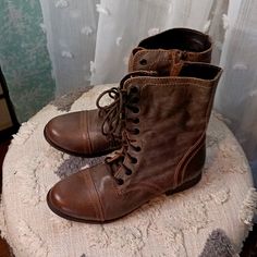 Faux Leather Boots Zip Up Sides Brown Nwot Size 7 Womens Never Worn Casual Vintage Brown Lace-up Boots, Retro Brown Leather Lace-up Boots, Amulet Boots, Steve Madden Amulet Boots, Vintage Brown Leather Lace-up Boots, Brown Lace-up Boots Medium Width, Steve Madden Black Boots, Brown Lace Up Boots, Steve Madden Combat Boots