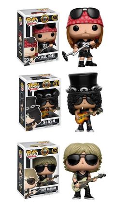 three pop vinyl figures are shown in different styles and sizes, including one with an electric guitar