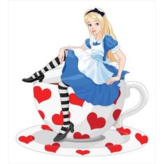 alice in wonderland sitting on top of a teacup with hearts around her legs stock photo