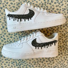 Sneakers by Nike. Designs painted and rhinestoned by DJ ZO Designs A mashup of the Drip Swoosh and Sparkle & Glow on Nike Air Force 1's Outside swooshes are dripping with high-quality black rhinestones Inside swooshes are painted solid black SIZE & FIT Women's Nike AF1s run true to size Nike Women's Shoe Size Chart Rhinestone Nikes, Glitter Nike, Nike With Rhinestones, Rhinestone Nike, Nike Rhinestone, Glitter Nike Shoes, Custom Air Force 1 Rhinestone, Nike Black Sporty Custom Sneakers, Nike Air Force 1 Custom Sparkle