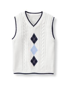 a white sweater vest with blue argyles on it