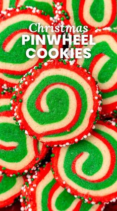 christmas pinwheel cookies are stacked on top of each other