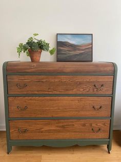 a wooden dresser with a potted plant sitting on top of it next to a painting