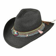 Straw cowboy hat for women. Colorful embroidered tassel band with turquoise beaded concha. C-crown with pinched front. Curled 3" wide brim with wired edge to shape. Inner drawstring to adjust fit. One size. 100% paper braid. Adjustable Fringe Hat With Curved Brim, Adjustable Brimmed Sun Hat With Fringe, Adjustable Sun Hat With Fringe And Curved Brim, Adjustable Curved Brim Sun Hat With Fringe, Adjustable Fringe Sun Hat With Curved Brim, Adjustable Fringe Hats, Adjustable Flat Brim Hat With Fringe, Adjustable Wide Brim Sun Hat With Fringe, Adjustable Fringe Hat For Spring