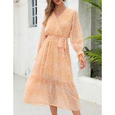 Yellow Floral Print V Neck Long Sleeve Swing Dress Winter Vacation Dresses With V-neck, Winter Vacation V-neck Dresses, Orange Long Sleeve Midi Dress For Spring, Orange Long Sleeve Maxi Dress For Day Out, Fall Orange V-neck Midi Dress, Orange Long Sleeve Midi Dress For Brunch, Dresses Floral, Floral Dresses, Women Dresses