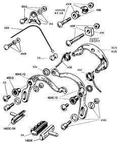 an image of a diagram of the parts for a motorcycle engine and suspension system, including brake