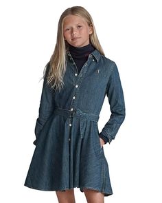 Ralph Lauren - Girls' Denim Shirt Dress with Belt - Little Kid, Big Kid Classic Fitted Denim Dress For Fall, Fitted Classic Denim Dress For Fall, Casual Collared Denim Dress For Fall, Casual Dark Wash Denim Dress, Casual Cotton Dresses By Ralph Lauren, Casual Cotton Ralph Lauren Dresses, Casual Long Sleeve Denim Dress, Classic Blue Denim Dress For Spring, Classic Knee-length Denim Dress For Spring