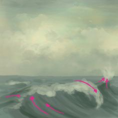 an ocean wave with pink streaks coming out of it