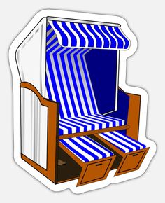 an illustration of a blue and white striped chair with drawers on the bottom, sitting in front of a mirror